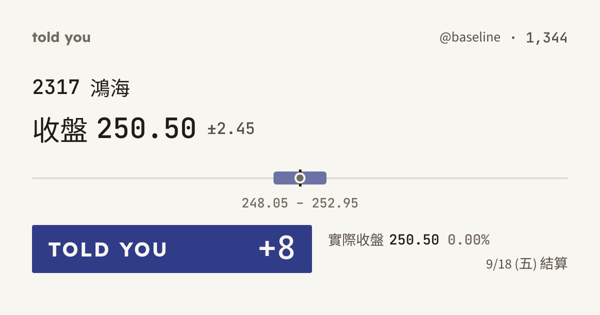 命中 +8 · 9/18 (五) 結算 · @baseline 1,344